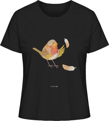 Produktbild von Mr. & Mrs. Panda Basic Shirt Damen Rotkehlchen Federn Größe L - Schwarz - Geschenk, Oberteil, Lustige Sprüche, Baumwoll T-Shirt, fliegen, Vogel, Motivationsbilder