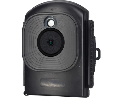A black camera with a lens and a small light is shown against a white background.