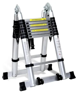 Produktbild von Teleskopleiter Klappleiter Aluminium mit Tragegriff 5(2.5+2.5) M Rutschfester Teleskop Mehrzweckleiter Tragbar Alu Leiter, Aluminiumleiter Maximale Tragfähigkeit 150 kg