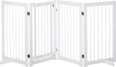 Produktbild von Absperrgitter Hund 4-teilig, 220 x 91 cm Faltbar Türschutzgitter mit Tür, Freistehend Hundegitter mit 2 Stützfüßen, Treppengitter aus Holz für Flur, Küche, Treppe, Weiß