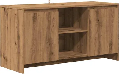 A wooden TV cabinet with two doors and open shelves.
