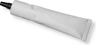 A white tube of sealant or adhesive with a black cap, isolated on a white background.