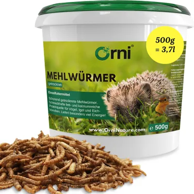 Produktbild von Orni Mehlwürmer getrocknet 500g | Premium Insektenfutter für Wildvögel, Igel, Fische & Eichhörnchen | Ohne künstliche Zusatzstoffe & Aromen