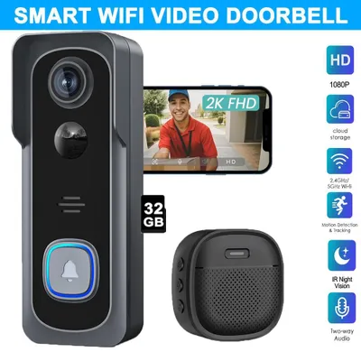 Obrázek produktu pro WLAN video zvonek s kamerou 2K HD bezdrátový video zvonek s gongem, chytrý zvonek s dobíjecí baterií PIR detekce osob 32GB