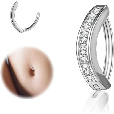 Zdjęcie produktu dla Kolczyk do pępka typu clicker, srebro 925, 14G, zakrzywiony, z diamentami, średnica 8mm