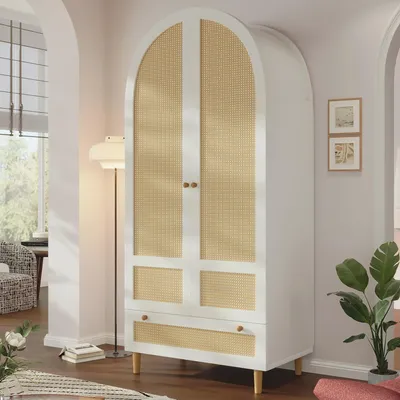 Produktbild von MODFU Kleiderschrank mit Rattan-Optik und Bogen-Design,Hochschrank 80 × 50 × 180 cm ,Aufbewahrungsschrank mit Kleiderstange, Schublade und Soft-Close-Türen,Weiß+Natur