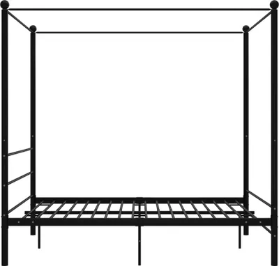 A black metal canopy bed frame is shown against a white background.