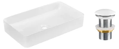 Productafbeelding van Rechthoekig wastafelblad, 61x34 cm, in glanzwit keramiek, met klik-klak afvoer