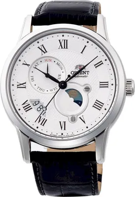 A close-up studio shot of a men's wristwatch with a white dial, Roman numerals, and a black leather strap.