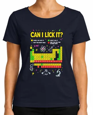 Imagen del producto de Camiseta para mujer, color azul marino, con el texto "Can I Lick It Science Chemistry Periodic Table Statement" (¿Puedo lamerlo? Ciencia, química, tabla periódica, declaración). Talla S