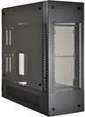 A black computer tower case with a glass side panel.