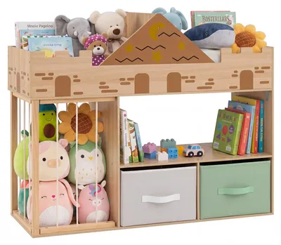 Produktbild von COSTWAY Spielzeugregal mit plüschier Zoo & 2 Stoffschubladen, Kinderregal, Bücherregal Kinder, Spielzeug Aufbewahrung für Spielzimmer, 111x40x92 cm