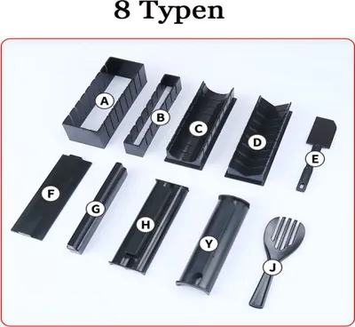 A collection of black plastic sushi-making tools arranged on a white background.
