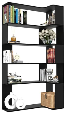 Image de Étagère d'angle, 5 niveaux, en bambou, noire, en forme de L, ouverte, pour salon ou bureau