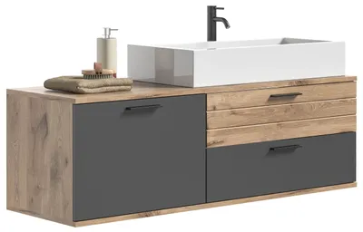 Image de Mason meuble sous lavabo 140cm 1 porte, 2 tiroirs gris,chêneReproduction.