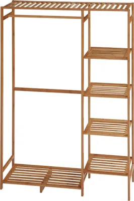 Zdjęcie produktu dla Wieszak na ubrania z drążkiem i półką, wykonany z bambusa lub naturalnego drewna | kompaktowy | do 30 kg | 90 x 30 x 145 cm