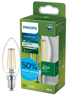 Produktbild von Philips Filament-Kerzenlampe, B35 E14, klar, 40 W, 2,3 W, 40 W, E14, 485 lm, 50000 h