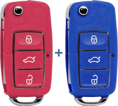 Produktbild von Auto Schlüssel Funk Fernbedienung 1x Gehäuse 3 Tasten Pink + 1x Gehäuse 3 Tasten Blau + 2X Rohling HAA kompatibel mit VW SEAT Skoda