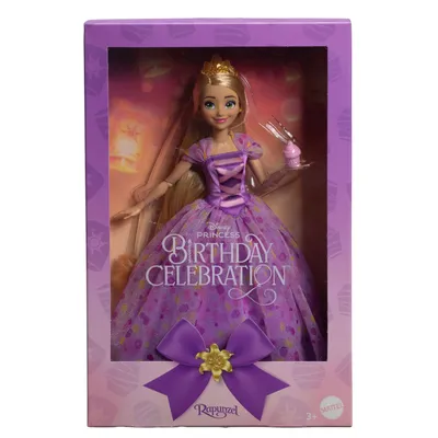 A doll in a purple dress inside a purple box.