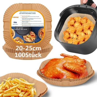 Produktbild von Backpapier für Heißluftfritteuse XXL 5-7,3 L, 100 Stück 20-25cm Air fryer Backpapier Antihaft Einwegschalen Luftfritteuse Pergamentpapier Liner Kompatibel mit COSORI,Philips,Cecotec Airfryer