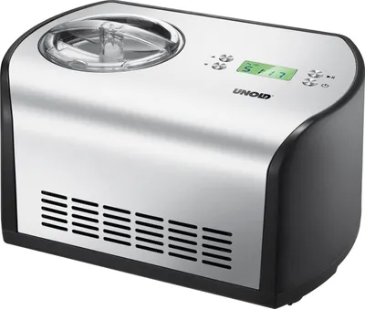 Die Unold Eismaschine One 1,2 L ist eine moderne, kompakte Eismaschine in Silber und Schwarz mit tra