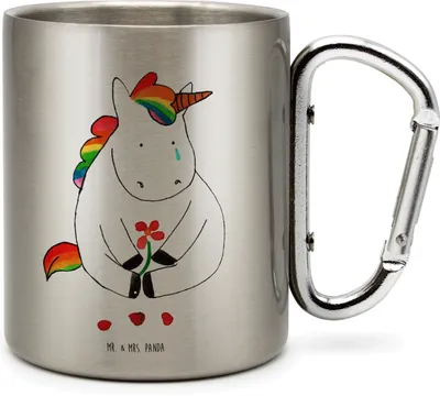 Produktbild von Mr. & Mrs. Panda Teetasse Einhorn Traurig - Transparent - Geschenk, Kaffeebecher Edelstahl, Einhörner, thermotasse, Teebecher, Liebe, Thermobecher, Freunde, Trauer, Blume