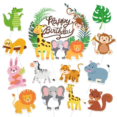Productafbeelding van 37-delige verjaardagstaartdecoratie met dieren voor kinderen