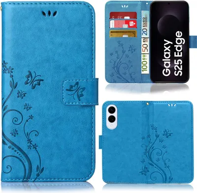 Produktbild von Handy Tasche für Samsung Galaxy S25 Edge Schutz Hülle Handyhülle mit Blumenmuster Klapp Hülle mit Standfunktion und Kartenfächer Farbe: Blau
