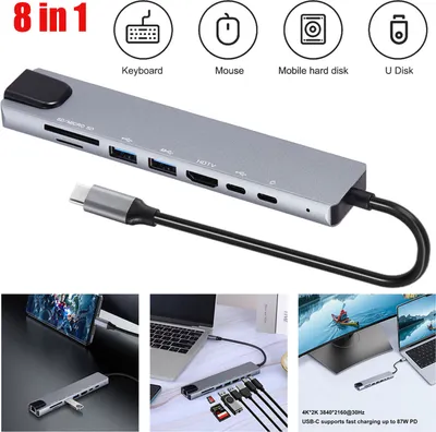 Produktbild von USB C Hub 8 in 1 Adapter HDMI 4K USB 3.0 Micro SD RJ45 Ethernet Netzwerk MacBook
