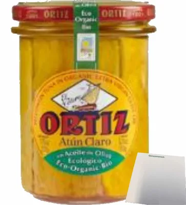 Produktbild von Conservas Ortiz Atun Claro Heller Thunfisch in Olivenöl (220g Glas) + usy Block