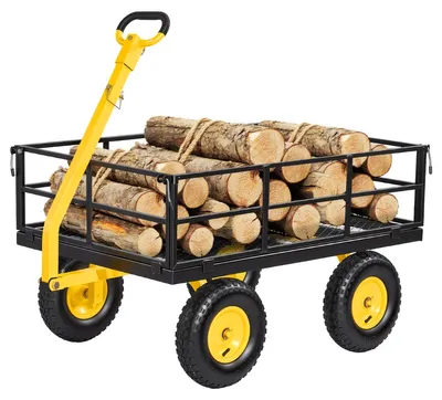 Image de Chariot de manutention VEVOR, capacité de 544,31 kg, équipé de pneus tout-terrain, d'une poignée pivotante à 180° et de couleur jaune et noir.