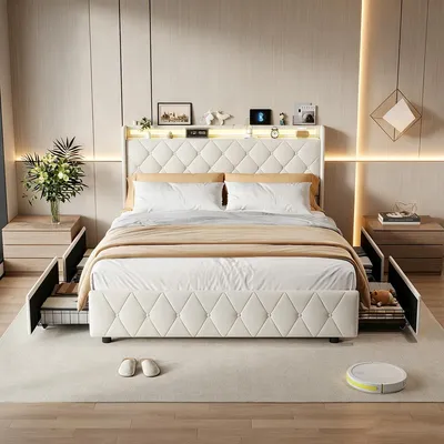 Produktbild von INONEFT Boxspringbett Polsterbett 140x200 mit LED & USB/C,Doppelbett Bett mit 4 Schubladen und Lattenrost,Bettgestell mit Stauraum-Kopfteil,Samt Beige