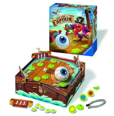 A product shot of the "Eye Eye Captain" board game, showing both the box and the game board with pieces.