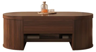 Produktbild von Anhebbarer Couchtisch, gebogene Holzseiten, ausziehbares Regal, anhebbare Tischplatte, multifunktional.. Natürliches Walnussholz