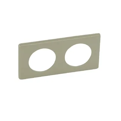 A khaki-colored double frame with two circular openings, isolated on a white background.