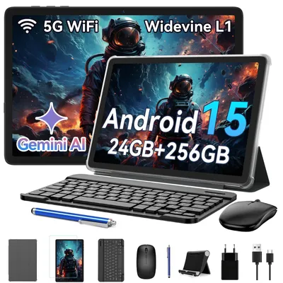 KINGRID Android 15 Tablet mit Tastatur, 24(8+16)GB RAM+256GB ROM (2TB TF), 10" Gaming Tablet, 5000mAh, Gemini AI, Widevine L1, 5G WiFi, Face ID