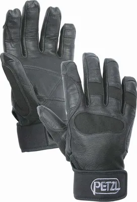 Schwarze Kletterhandschuhe "CORDEX PLUS" von Petzl; aus Leder mit gepolsterten Handflächen und verstellbarem Handgelenk.