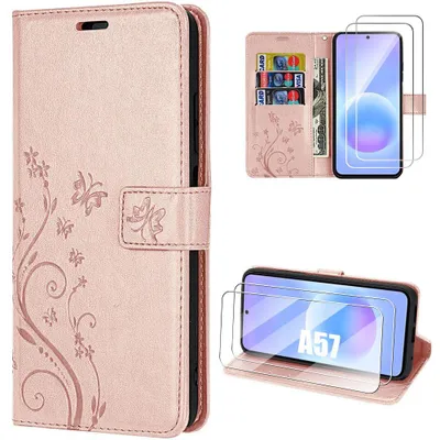Image de Coque + 2 Verres Trempés pour Samsung Galaxy A57 5G, Anti-Rayures Synthécuir Rose Motif Plante