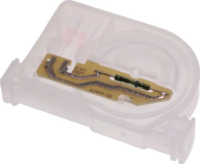 Close-up view of a small electronic component within a transparent plastic casing.