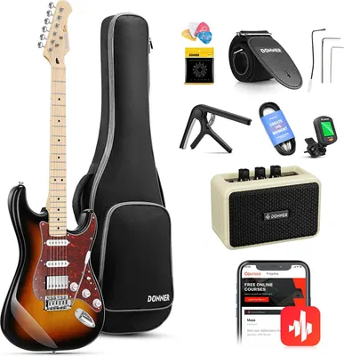 Produktbild von Donner E-Gitarre, 39" E Gitarren Set HSS Pickup Coil Split, Elektrische Gitarre Beginner Set mit Verstärker, Tasche, Zubehör, DST-152S Sunburst