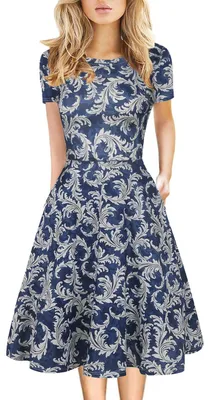 Produktbild von Lässiges Vintage-Tunikakleid für Damen mit Rundhalsausschnitt und Blumenmuster A