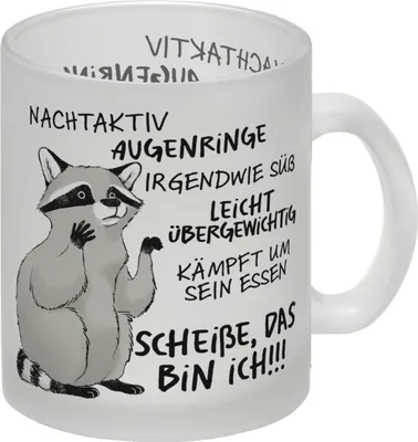 Produktbild von Ironischer Waschbär Glas Tasse mit Spruch Scheiße das bin ich