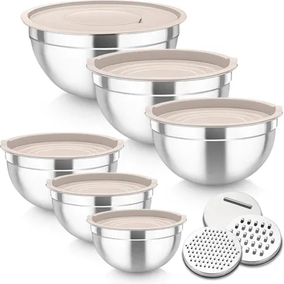 Produktbild von Rührschüssel Set 6er Edelstahl mit Deckel & Reibenaufsätzen 0,7L - 4,6L stapelbar