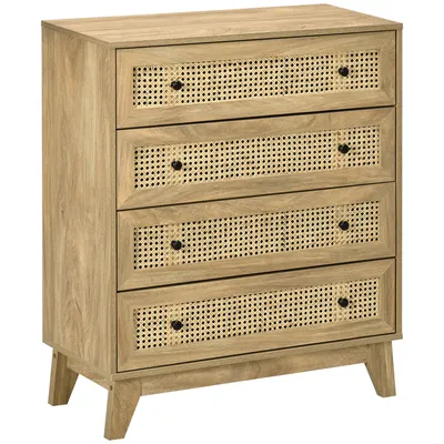 Image de HOMCOM Commode 4 tiroirs meuble de rangement cannage en rotin 80 x 35 x 95 cm aspect bois clair