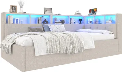 Produktbild von Merax Tagesbett Schlafsofa 90x200cm, mit LED, USB, Typ-C, Hydraulischer Stauraum, Staufächer, Daybett, Kinderbett, Polsterbett, Leinen, Beige