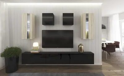 Produktbild von Furnitech Wohnwand Wohnzimmer - Wohnzimmer Möbel mit LED Weiß - Hängend Wohnwand Modern - Regale und TV Schrank (AN291-17BS-HGM30 1B Groß)