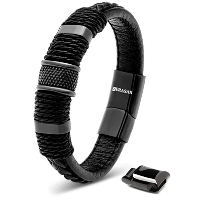 Obrázek produktu pro SERASAR | Pánský Kožený Náramek [Ring] z Stainless Steel | Barva: Černá | Délka: 20cm