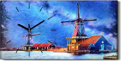Produktbild von Wanduhr Bürouhr Leinwand Bild Quarz 60x30 Windmühle Bauernhof Wasser Himmel - schwarze Hände