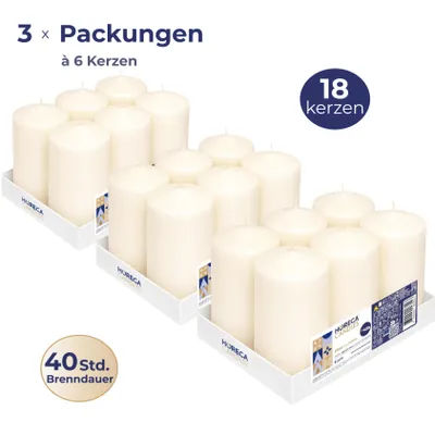 Produktbild von Horeca Candles Stumpenkerzen Elfenbein 18 Stück – Ø 6x12 cm – Blockkerzen ohne Duft – 40h Brenndauer – Kerzen für Deko, Hochzeit, Gastronomie