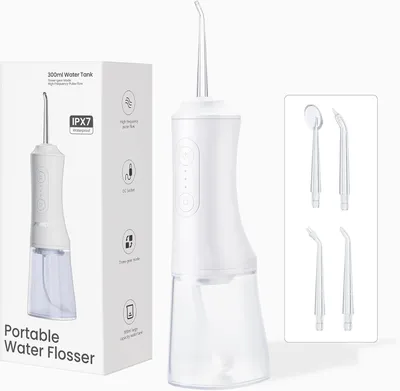 Produktbild von Munddusche mit 300-ml-Wassertank, 3 Modi, 4 austauschbaren Düsenspitzen, kabellose Munddusche, IPX7-wasserdicht, Munddusche zur Zahnreinigung
